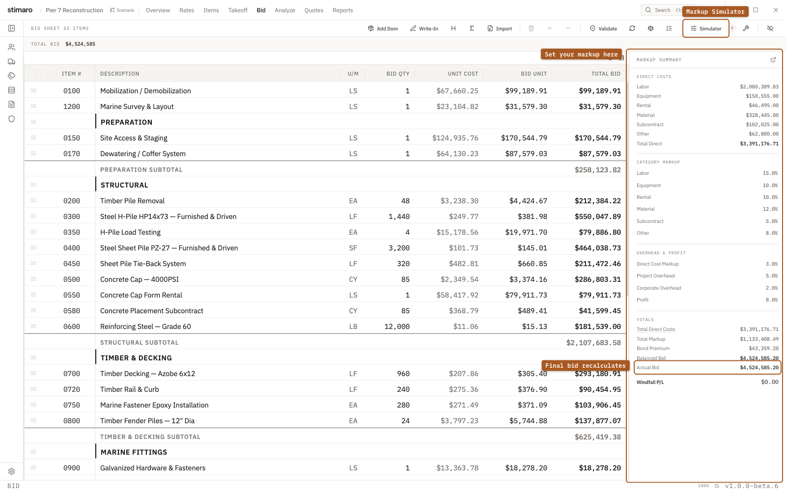 The Stimaro Bid tab with the Markup Summary panel docked on the right